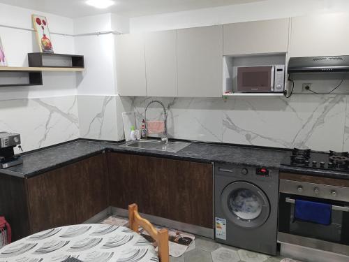 een keuken met een wasmachine en een magnetron bij Houcine appartement in 'Aïn el Turk