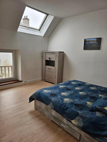 a bedroom with a large bed and a skylight at Gîte entre vigne et loire Sancerre in Sancerre