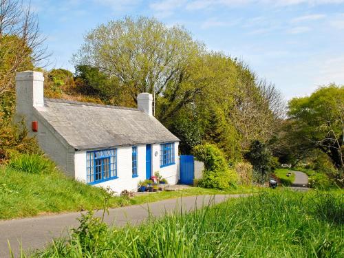 a small white house with blue windows on a road at Crows Cottage in Fishguard