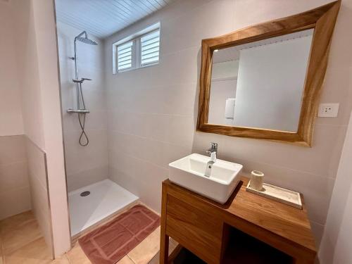 Ένα μπάνιο στο Lodge Orchidée de la Villa La Palmira - Vue Mer Caraïbes - Jacuzzi Privé - Accès Piscine 5x9 - Lit King Size 180 - Climatisation - 4 étoiles - Proche commodités - TV connectée - Internet fibre - Proche Plage