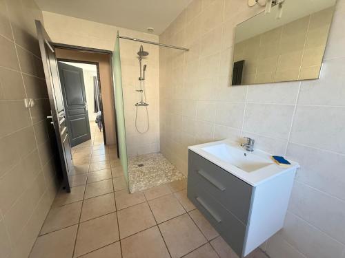 a bathroom with a sink and a mirror and a shower at Maison plain-pied in Saint-Clair