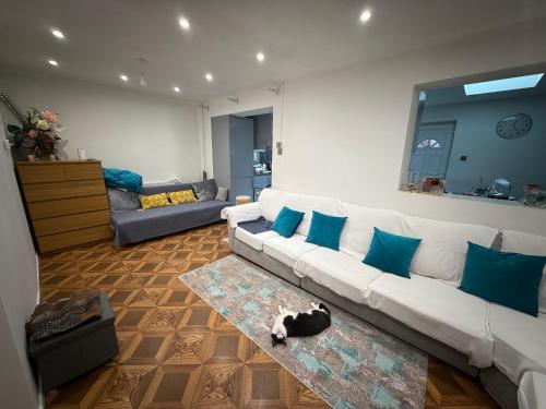 een woonkamer met een witte bank en een kat die op een kleed ligt bij Private Room & shower- Near Central Manchester in Manchester