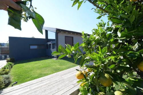 Un patio con terraza de madera y una casa. en Schinias beach villa 2, en Schinias