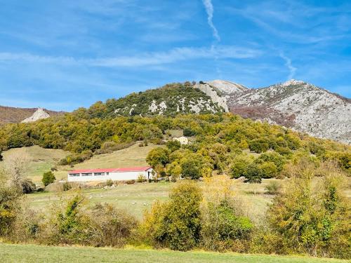 een schuur op een heuvel voor een berg bij Acogedor apartamento parque Aizkorri-Aratz a 45 min San Sebastian in Araya