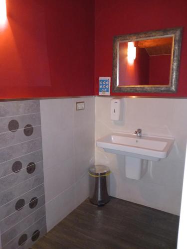 een badkamer met een wastafel en een spiegel bij Albergues O Abrigo Miraz 