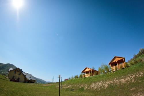 a group of houses on a grassy hill at Noclegi nad Soliną in Solina