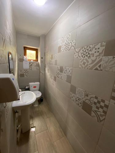 a bathroom with a white toilet and a sink at Pensiunea Agroturistica Cascada in Nemesi