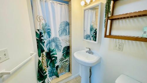 een badkamer met een wastafel en een douchegordijn bij Steps to Kendall, MIT, Green Line in Cambridge