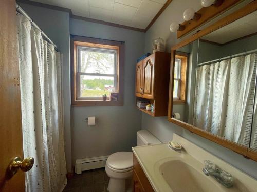 a bathroom with a toilet and a sink and a window at Cozy Creek House in Forestburgh