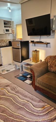 a living room with a couch and a flat screen tv at Gloria's mini hideaway in Christ Church