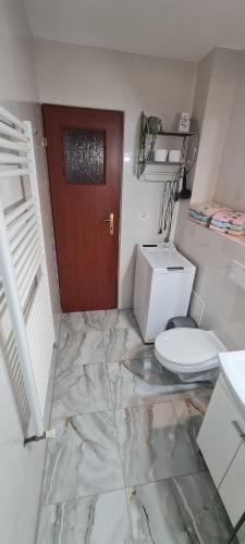 bagno con servizi igienici e porta in legno di La Bloc Apartment a Arad