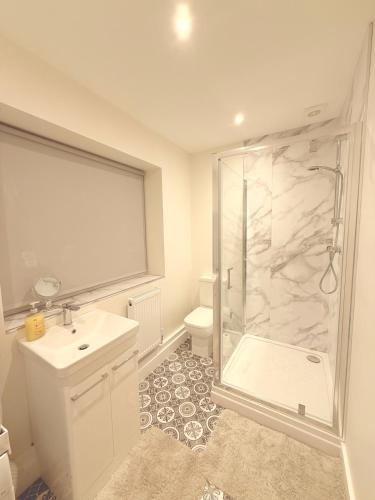 a bathroom with a shower and a sink and a toilet at Cosy Corner Cheadle in Cheadle