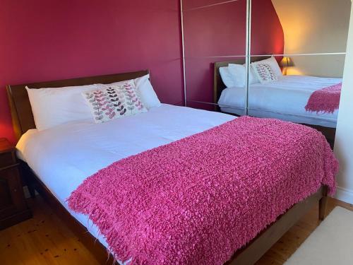 1 dormitorio con 2 camas y manta rosa en Cuileann, en Clarinbridge
