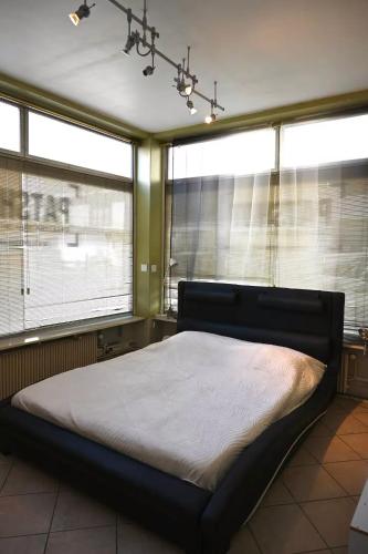 a large bed in a room with windows at Appart calme avec Parking privé, Métro 3min, 12min Paris in Boulogne-Billancourt