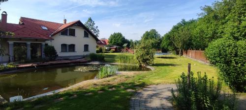 a house with a pond in the yard at Erdőparty Vendégház in Tápiószecső