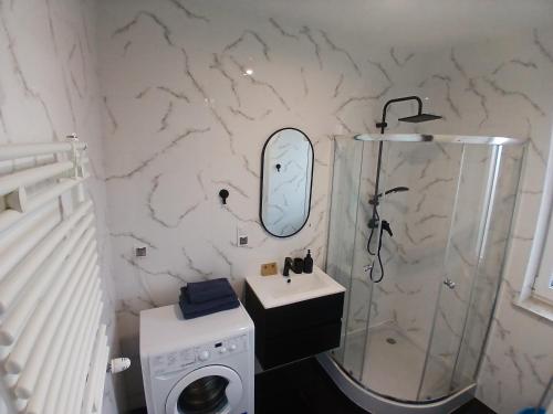 een badkamer met wastafel en wasmachine bij Apartament Łąkoszyn Kutno in Kutno