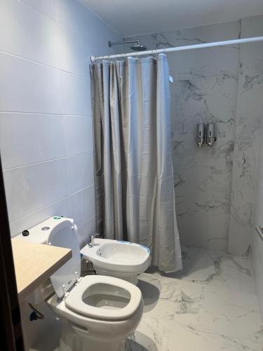a bathroom with a toilet and a shower curtain at Departamento Estudio Deluxe in La Plata