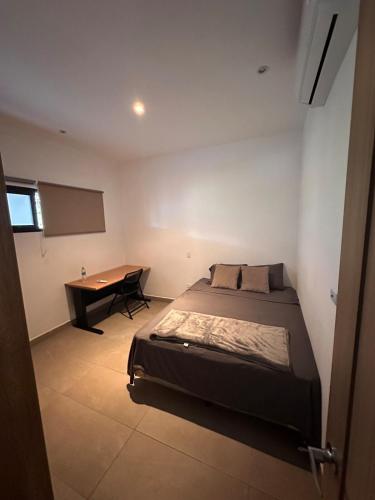 ein Schlafzimmer mit einem Bett und einem Schreibtisch in der Unterkunft Charming apartment with a nice view in San Salvador