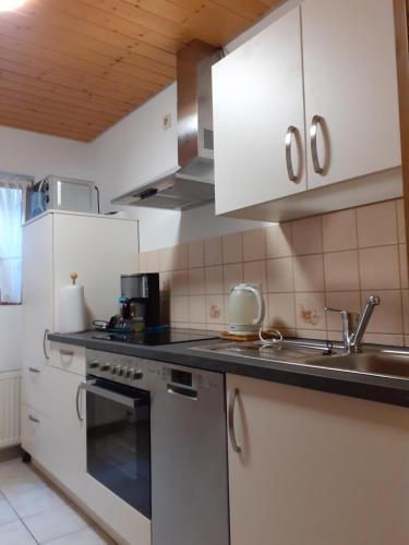 eine Küche mit weißen Schränken und einer Spüle in der Unterkunft Gästehaus Götz in St. Blasien
