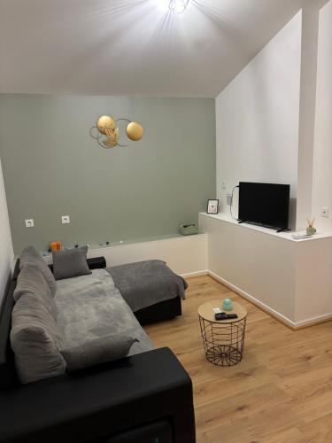 a living room with a couch and a flat screen tv at L escapade pro in La Roche-Chalais
