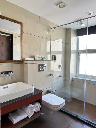 um banheiro com pia, vaso sanitário e chuveiro em Hotel The Haven - Centrally Heated and Air Conditioned em Kargil