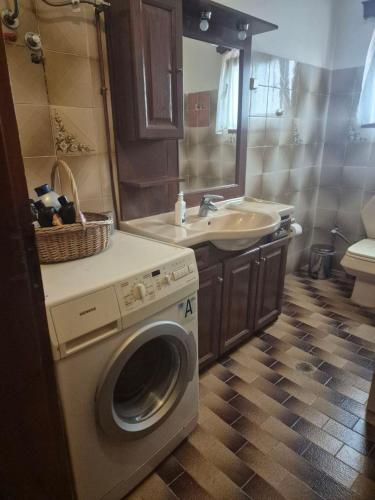 a bathroom with a washing machine and a sink at Casa del Campo Trikala in Chrysavgí