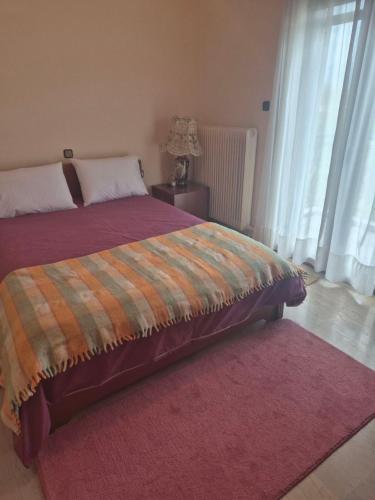 a bedroom with a bed with a rug and a window at Casa del Campo Trikala in Chrysavgí