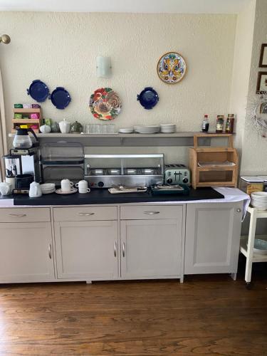 a kitchen with white cabinets and blue plates on the wall at Ocean Lodge B&B in Renvyle