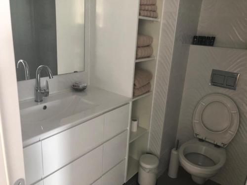 a white bathroom with a sink and a toilet at Exotic Vacation in the Jerusalem Mountains in Shoresh