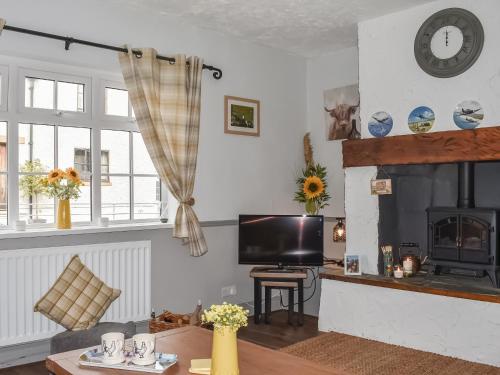 a living room with a fireplace and a tv at Elms Cottage - Sadberge in Long Newton