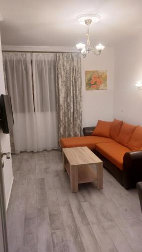 ein Wohnzimmer mit einer Couch und einem Couchtisch in der Unterkunft Casa cu gradina in Văleni