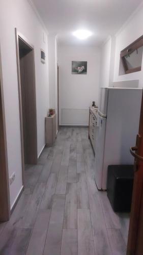 eine Küche mit einem Kühlschrank und Fliesenboden in der Unterkunft Casa cu gradina in Văleni