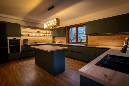 フンドゥ・モルドベイにあるChalet Sonnenhangの青い島と緑のキャビネットが備わる広いキッチン