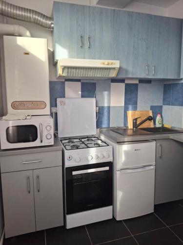 eine Küche mit Herd und Mikrowelle in der Unterkunft LaCriss in Hunedoara