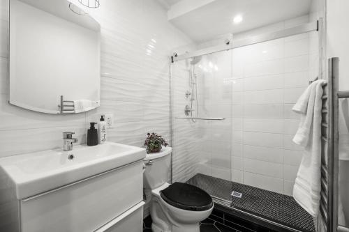 a bathroom with a toilet and a sink and a shower at 2BR Capitol hill delight, with private parking in Washington