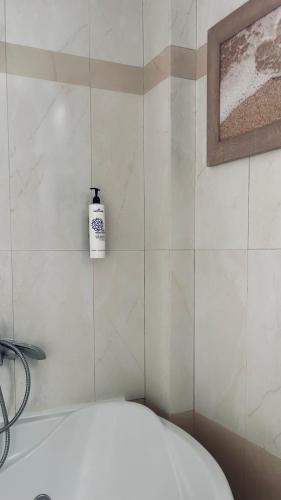 a bathroom with a bath tub and a bottle of soap at Alfa Hotel in Piraeus