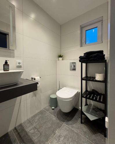 ein Badezimmer mit weißer Toilette und Waschbecken in der Unterkunft Ferienwohnung Tee - Time - Lodge und Kirsch - Kiste in Momlingen