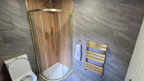 a bathroom with a shower with a toilet and a towel at O & A Retreat in York