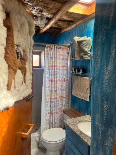 a bathroom with a toilet and a shower curtain at El Huarango Eco Lodge in La Huaica