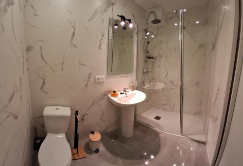 une salle de bain avec un lavabo, une douche et des toilettes dans l'établissement Pensión Alicante Playa, à Alicante