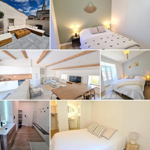 a collage of photos of a room with two beds at LE ROOFTOP PROVENÇAL in Taulignan