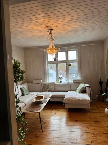 a living room with a couch and a chandelier at Leilighet i villa, 3 soverom med parkering-nær sentrum - Open for ONS 2026 in Stavanger