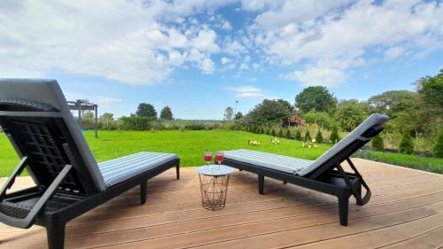 twee stoelen op een terras met uitzicht op een veld bij Villa Leone in Nowe Warpno