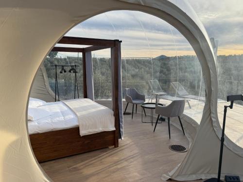 a room with a bed and a round mirror at Panoramic Suites Burbuja junto al Puy du Fou y Toledo in Guadamur