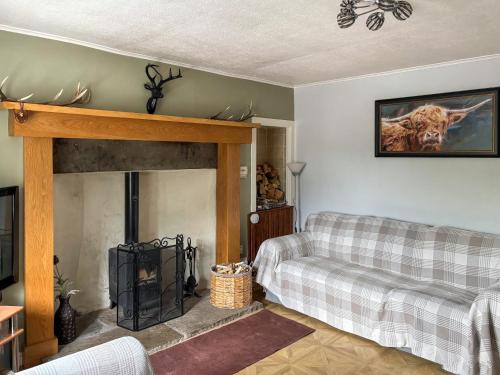 ein Wohnzimmer mit Couch und Kamin in der Unterkunft Honey Cottage in Auchnarrow