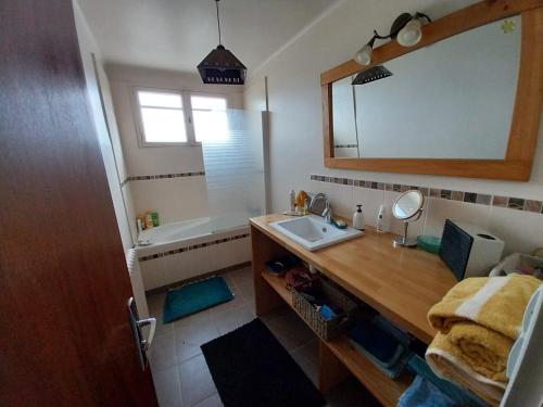 a bathroom with a sink and a mirror and a tub at Chambre privée, communs partagés avec autres Locataires in Tregueux