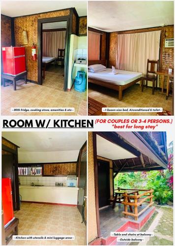 圣维森特Ayette's Bamboo Cottages的一幅由四张Roomworth厨房和一栋房子的照片组成的拼贴画。