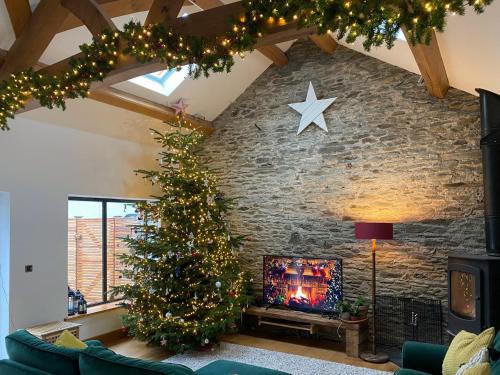 a living room with a christmas tree and a fireplace at Vredehoek in Quethiock