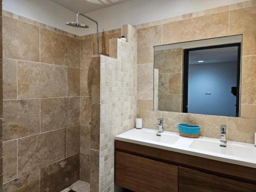 une salle de bain avec un lavabo et un miroir dans l'établissement Antilo - appartement proche mer, au Diamant