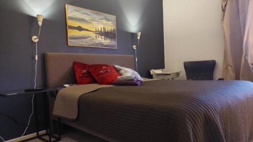 索特卡莫Arctic Landhaus的卧室里有一张大床，配有红色枕头